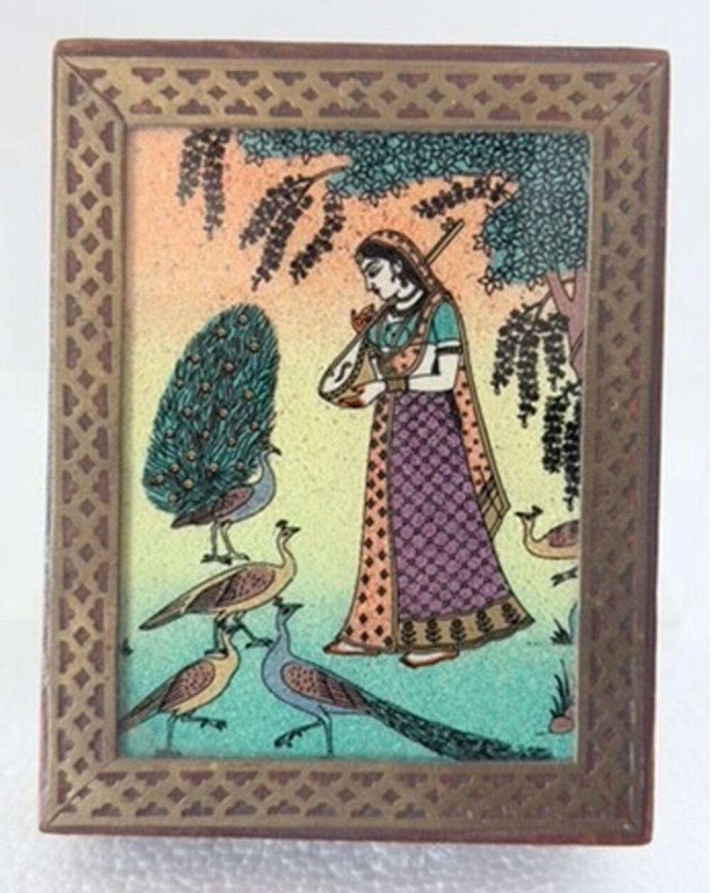 Vintage Asian Indian Crushed Gemstone Hinged Jewelry Trinket Box Brass Inlay